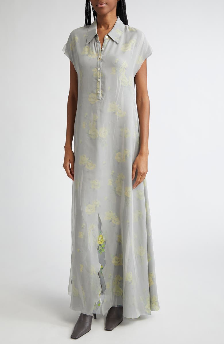 Acne Studios Dranee Floral Georgette Maxi Shirtdress, Alternate, color, Yellow/ Grey