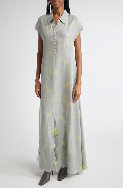 Acne Studios Layered Chiffon And Floral-print Crepe Maxi Dress In Gray