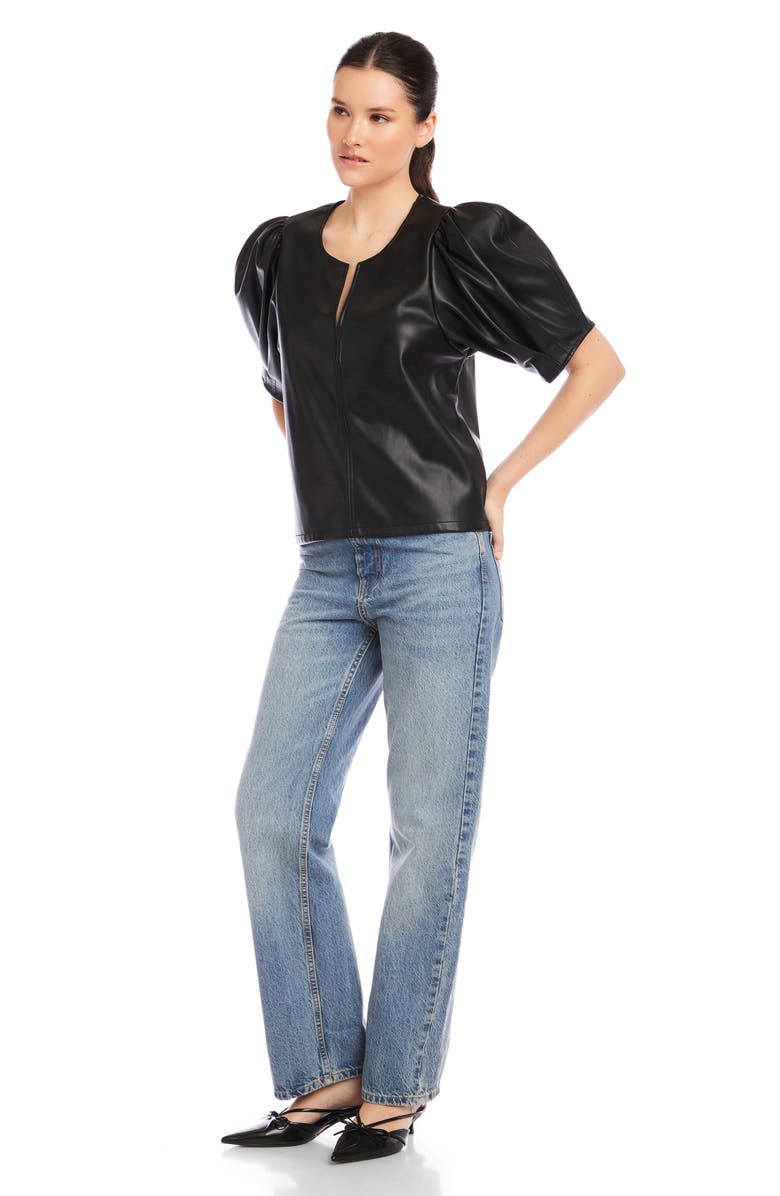 FIFTEEN TWENTY Puff Sleeve Faux Leather Top, Alternate, color, Black
