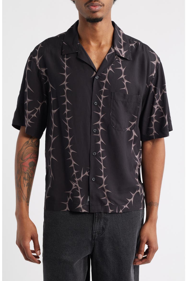 Van Doren Print Camp Shirt, Main, color, BLACK