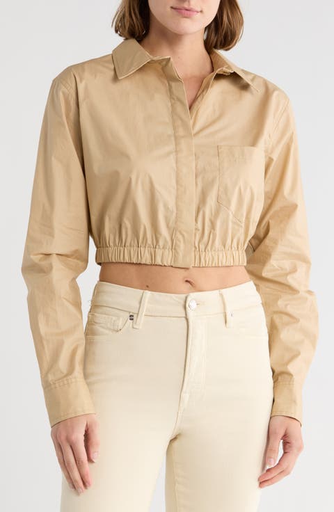 Long Sleeve Coated Poplin Crop Button-Up Shirt (Regular & Plus)