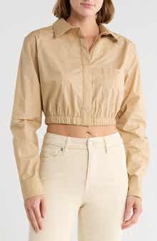 Good American Long Sleeve Coated Poplin Crop Button-Up Shirt