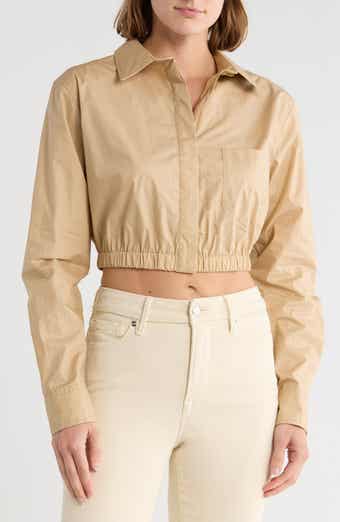 Good American Long Sleeve Coated Poplin Crop Button-Up Shirt