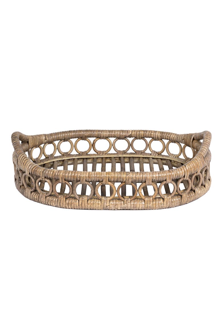 Cassini Handcrafted Rattan Oval Geometric Loop Ring Decorative Serving Tray with Handles and Slat Base, Alternate, color, Gray