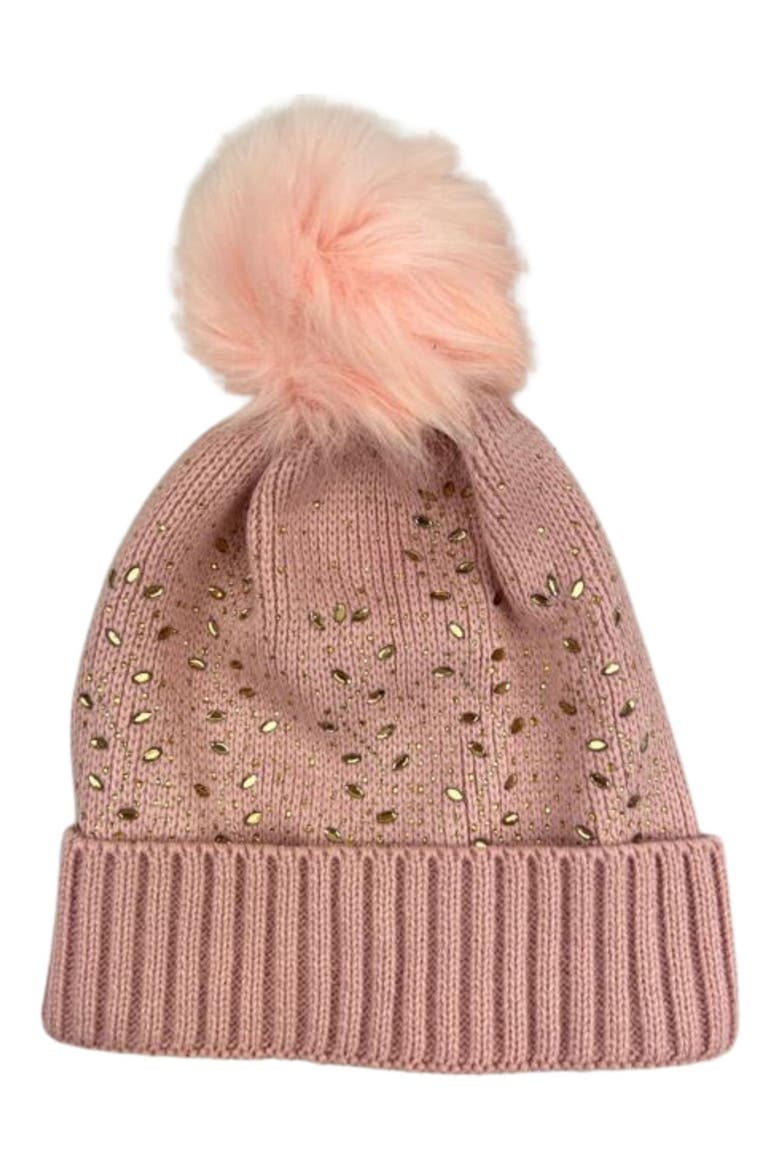 Crystal Embellished Faux Fur Pompom Beanie, Main, color, PINK