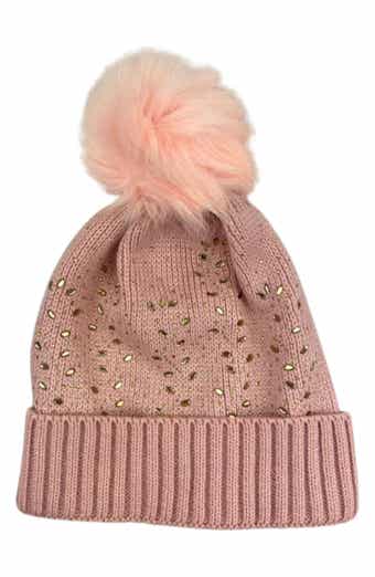 Crystal Embellished Faux Fur Pompom Beanie