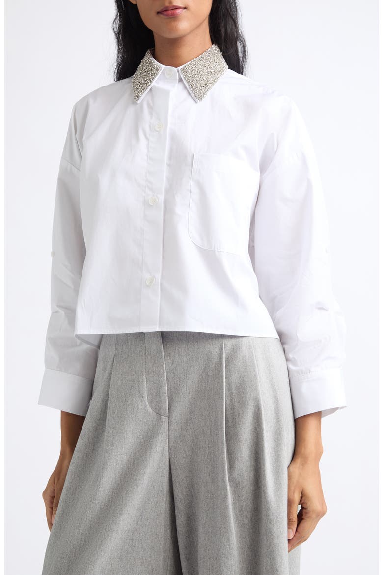 Beaded Collar Button-Up Shirt, Alternate, color, WHITE