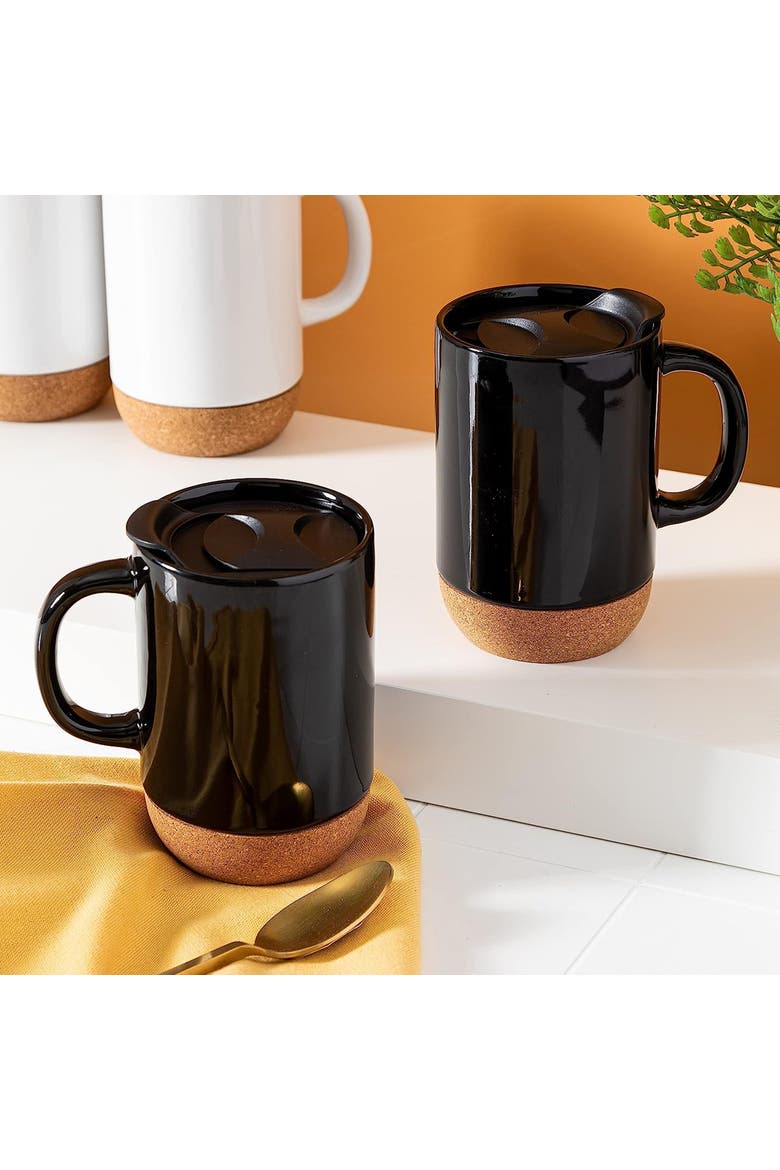 Modani 4 Piece 16.5 Ounce Stoneware Travel Mug Set with Lid and Cork Base, Alternate, color, Black