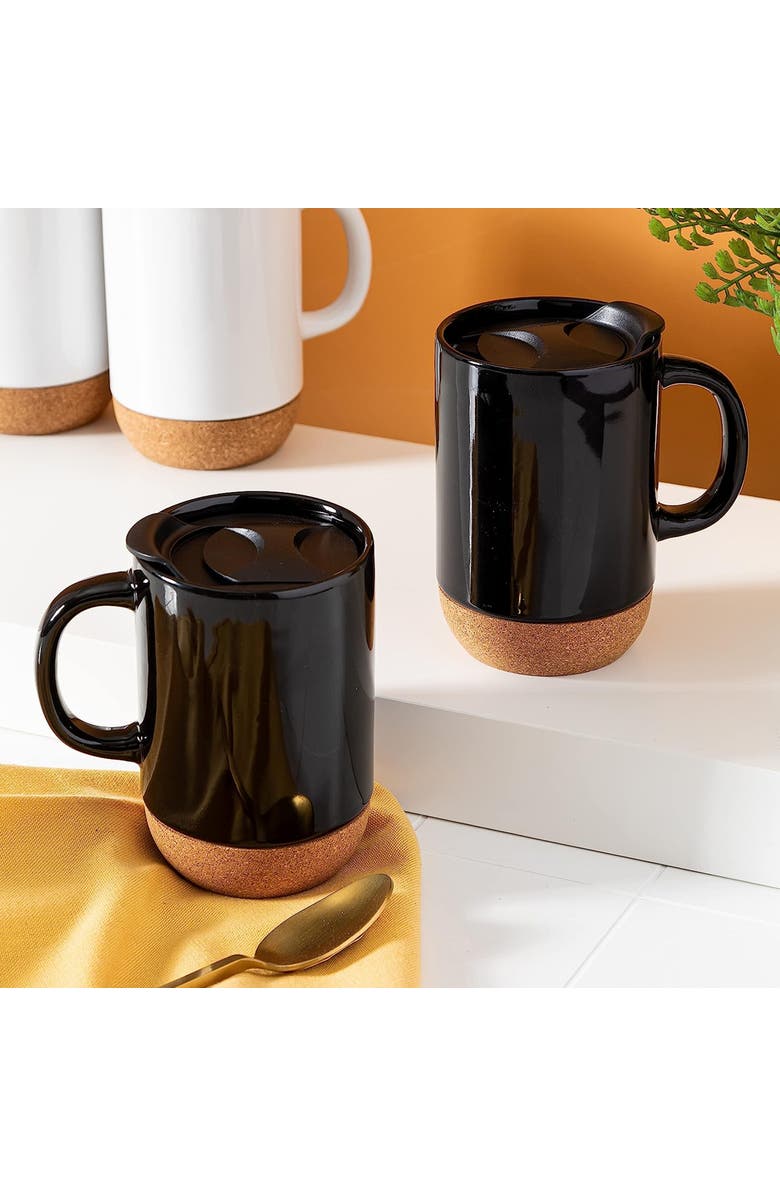Gibson Home Modani 4 Piece 16.5 Ounce Stoneware Travel Mug Set with Lid and Cork Base, Alternate, color, Black