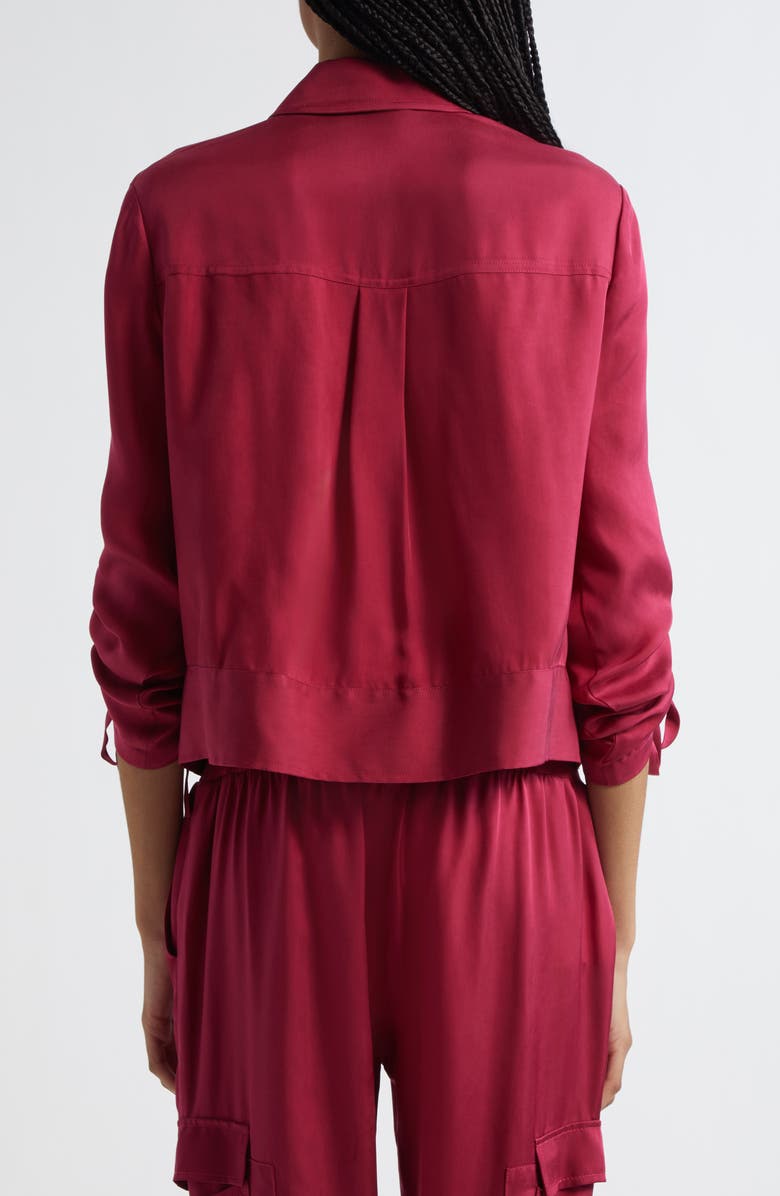 Cinq à Sept Dale Ruched Sleeve Cupro Satin Jacket, Alternate, color, Burgundy Plum