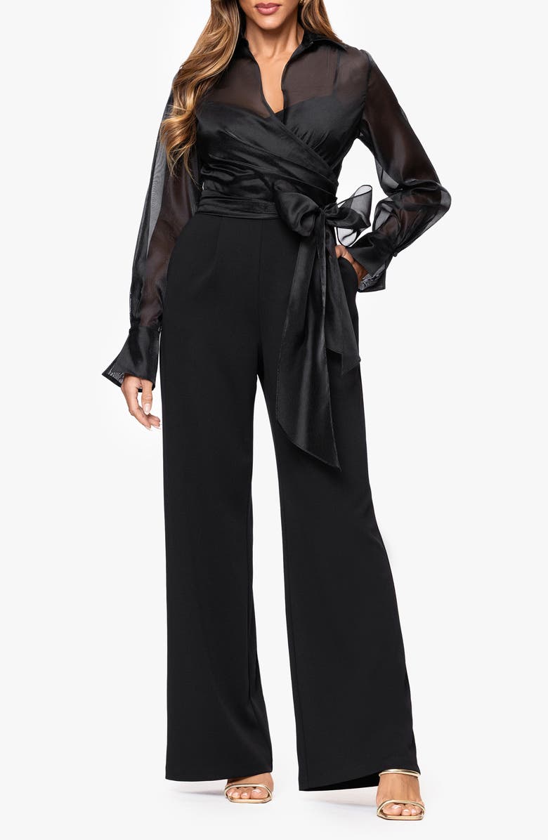 Xscape Evenings Mixed Media Long Sleeve Jumpsuit, Main, color, Black