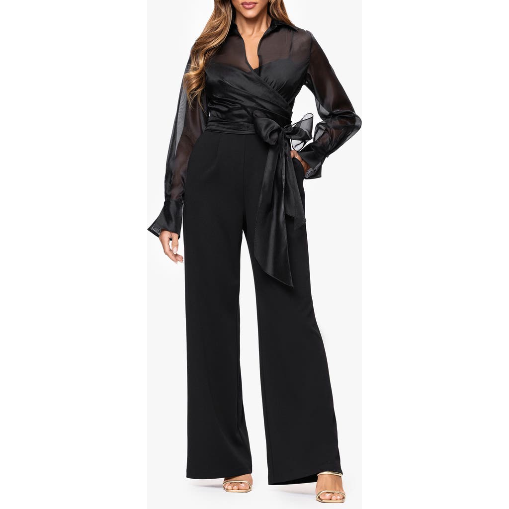 Xscape Evenings Mixed Media Long Sleeve Jumpsuit In Black