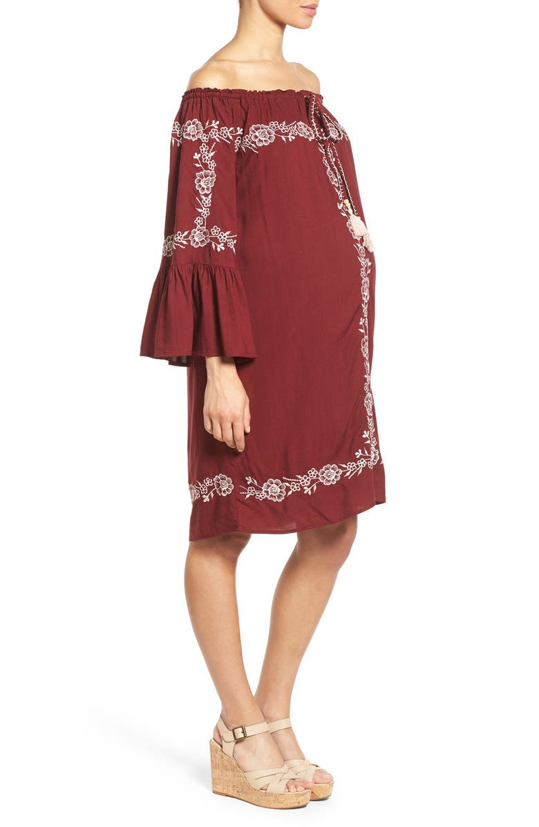 Fillyboo 'Finding California' Embroidered Off the Shoulder Maternity Dress, Alternate, color, 