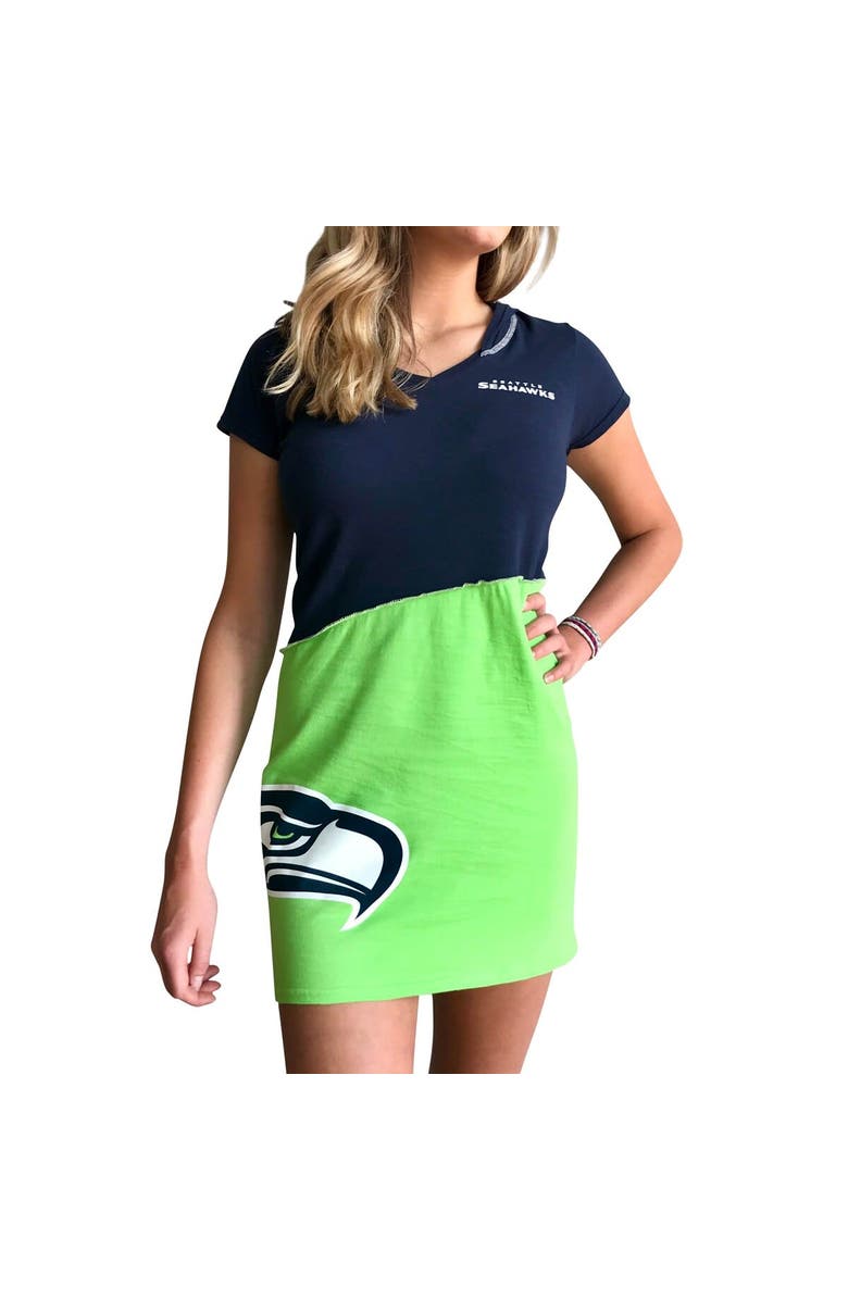 REFRIED APPAREL Women's Refried Apparel Navy/Neon Green Seattle Seahawks Sustainable Hooded Mini Dress, Alternate, color, Navy