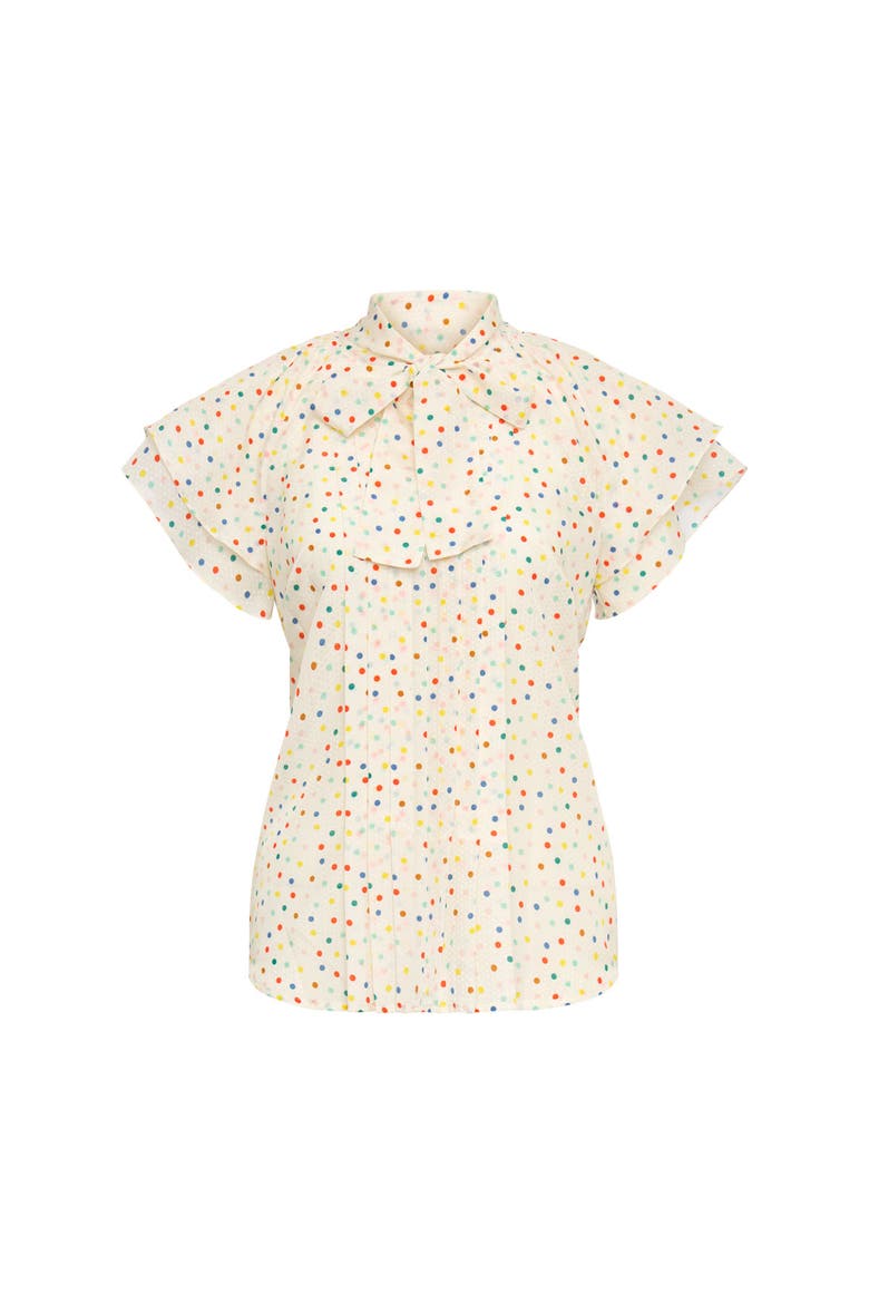 Printed Blouse With Pleating And Bow Tie, Main, color, Ecru Multicolour