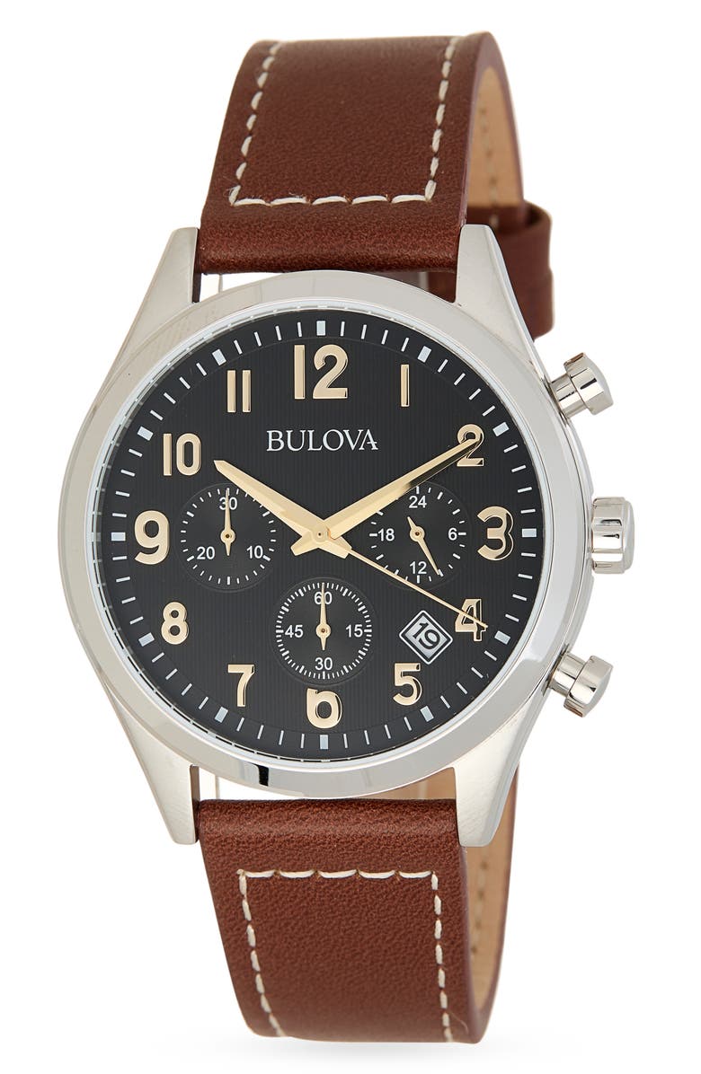 BULOVA Chronograph Leather Strap Watch, 40mm, Main, color, 