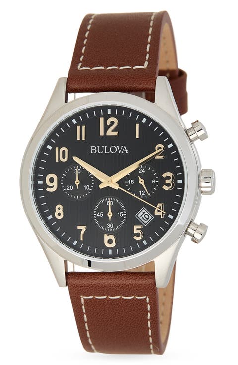 Chronograph Leather Strap Watch, 40mm