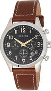 BULOVA Chronograph Leather Strap Watch, 40mm