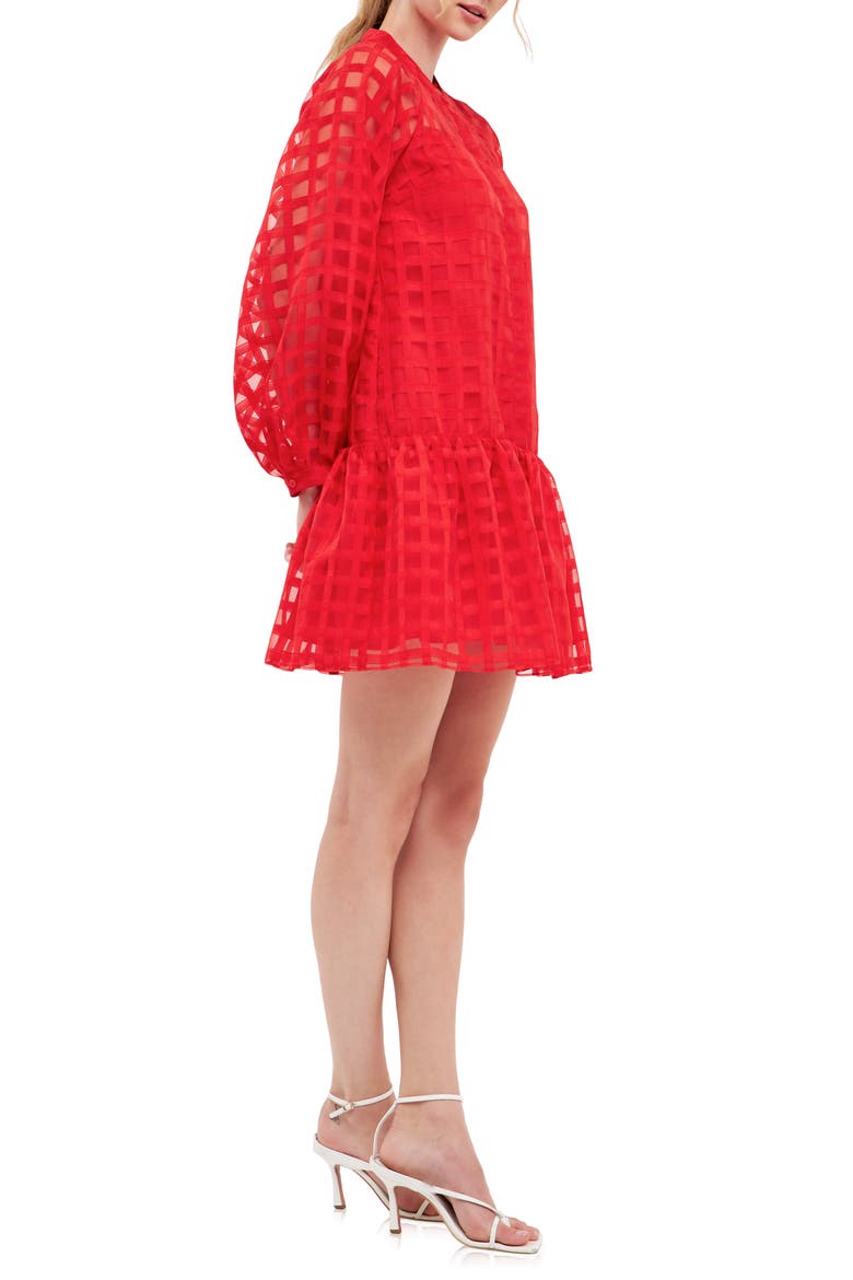 Check Long Sleeve Organza Dress, Alternate, color, RED