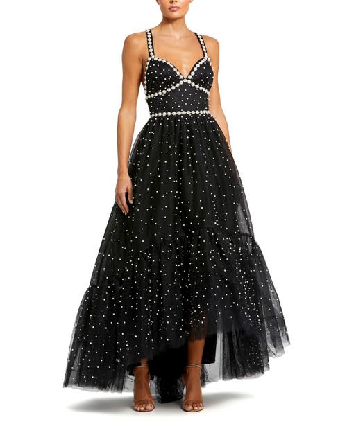 Mac Duggal Pearl Beaded High Low Gown in Black Ivory 