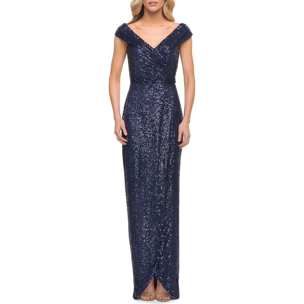 La Femme Sequin Long Evening Dress With Ruching And V Neck In Navy