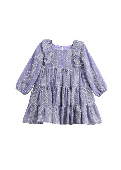 Lavender Lane Long Sleeve Embroidered Ruffle Trim Tiered Dress