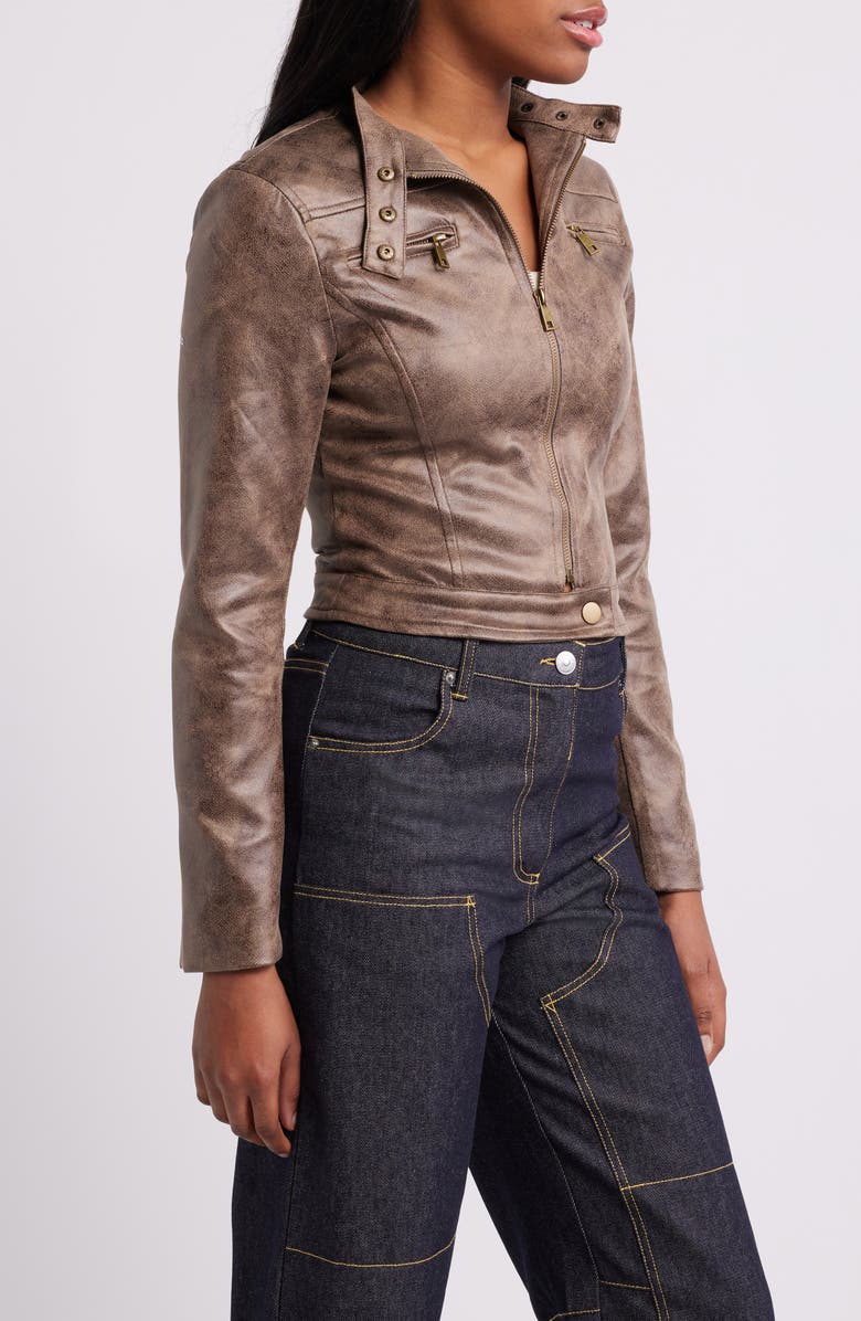 LIONESS Bella Faux Leather Moto Jacket, Alternate, color, Chocolate