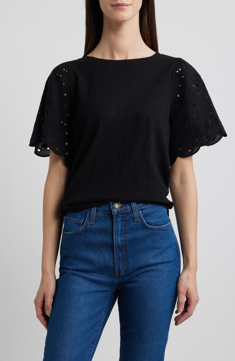 beachlunchlounge Percy Eyelet Sleeve Mixed Media Top, Main, color,