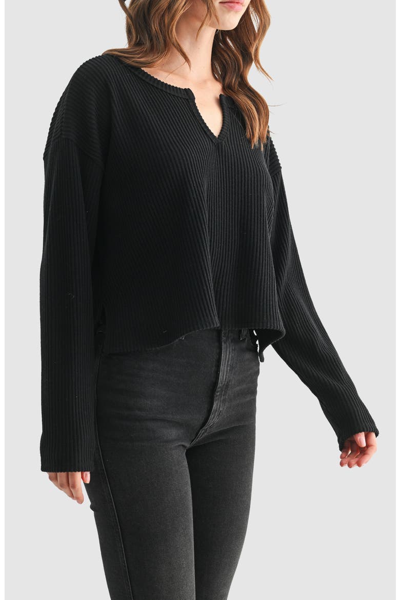 Split Neck Long Sleeve Ribbed Top, Alternate, color, BLACK