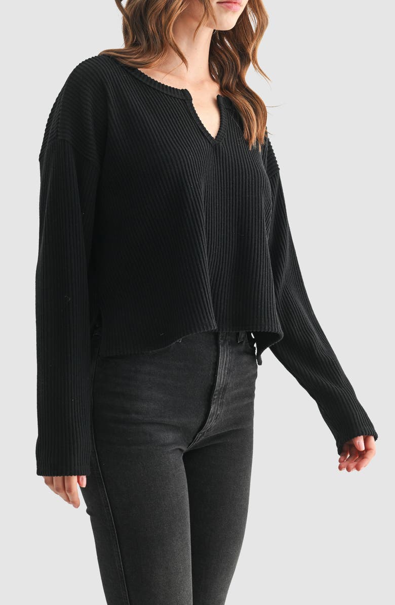 Lush Split Neck Long Sleeve Ribbed Top, Alternate, color, Black