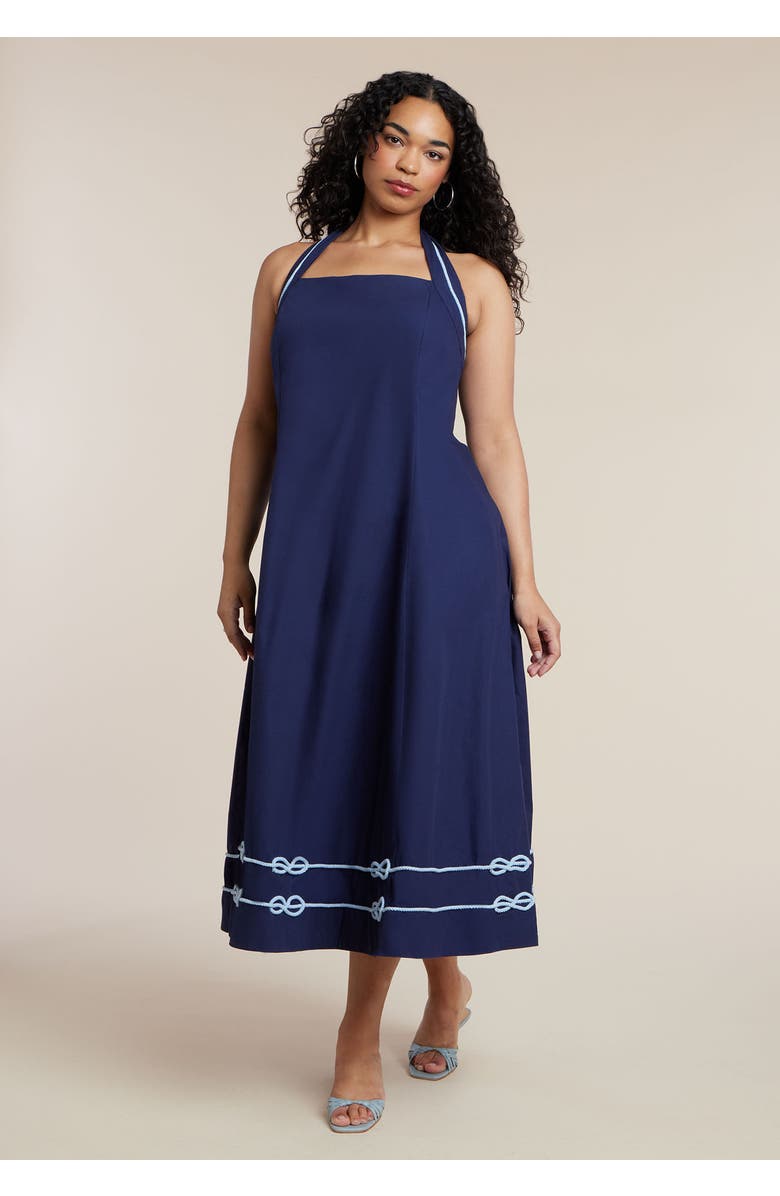 ELOQUII Halter Neck Poplin Midi Dress, Alternate, color, Evening Blue