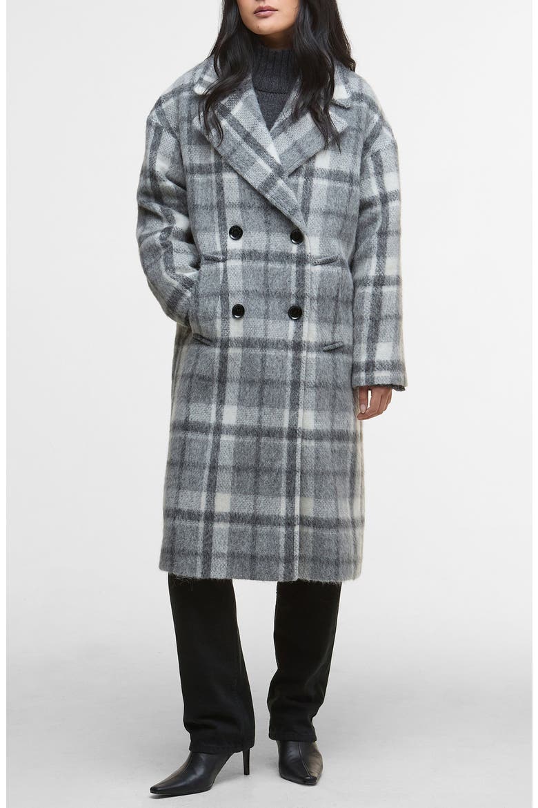 Fenella Tartan Double Breasted Long Coat, Main, color, SOFT GREY CHECK/ ONYX TARTAN