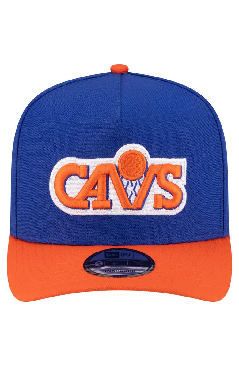 New Era Men's New Era Blue/Orange Cleveland Cavaliers 80s Throwback A-Frame 9FIFTY Snapback Hat, Alternate, color, Blue