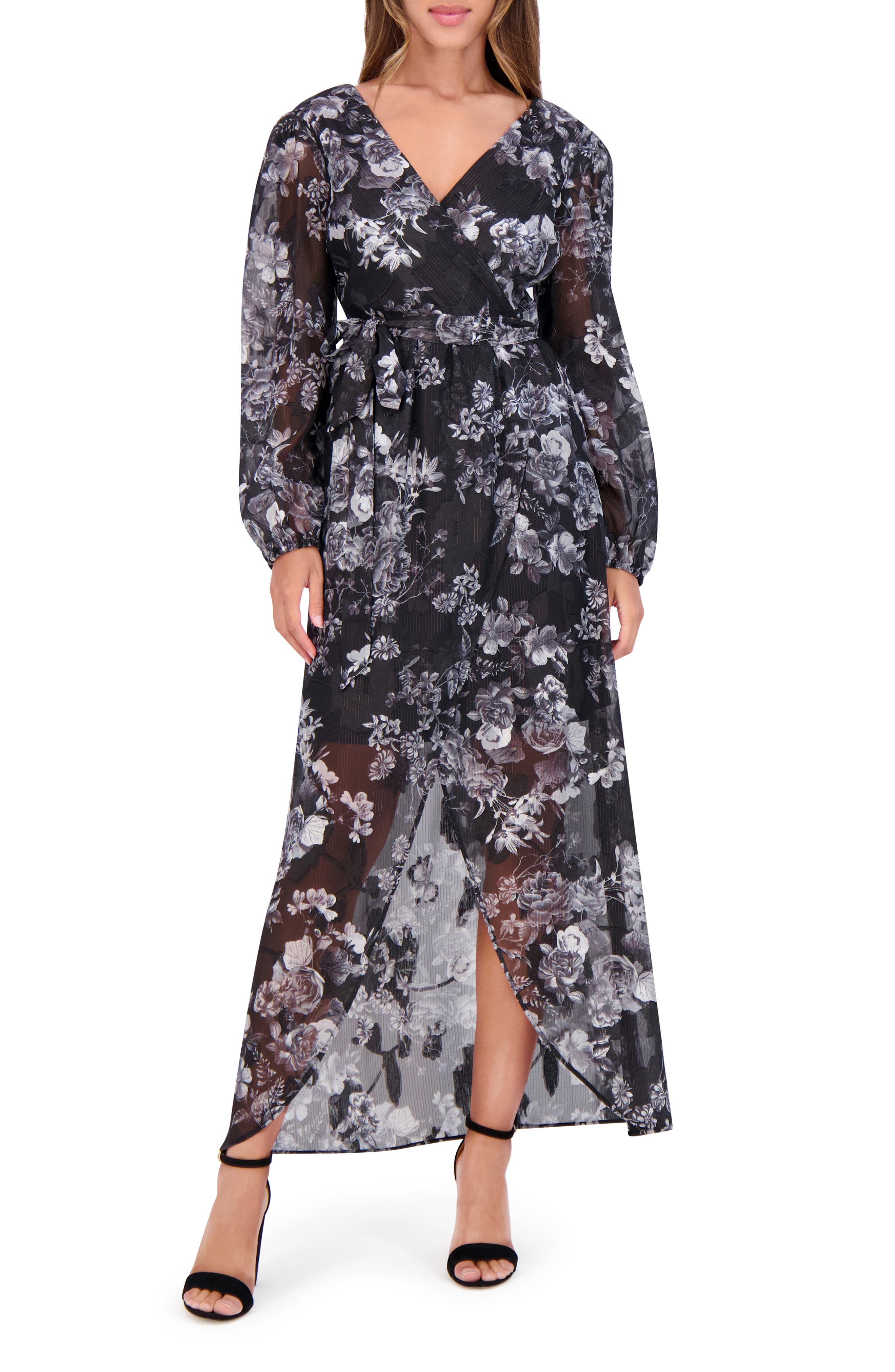 Siena Floral Metallic Stripe Long Sleeve Faux Wrap Midi Dress