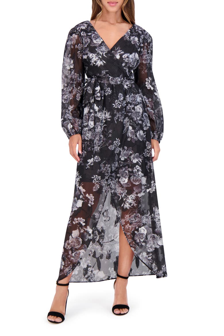 Floral Metallic Stripe Long Sleeve Faux Wrap Midi Dress, Main, color, BLACK MULTI