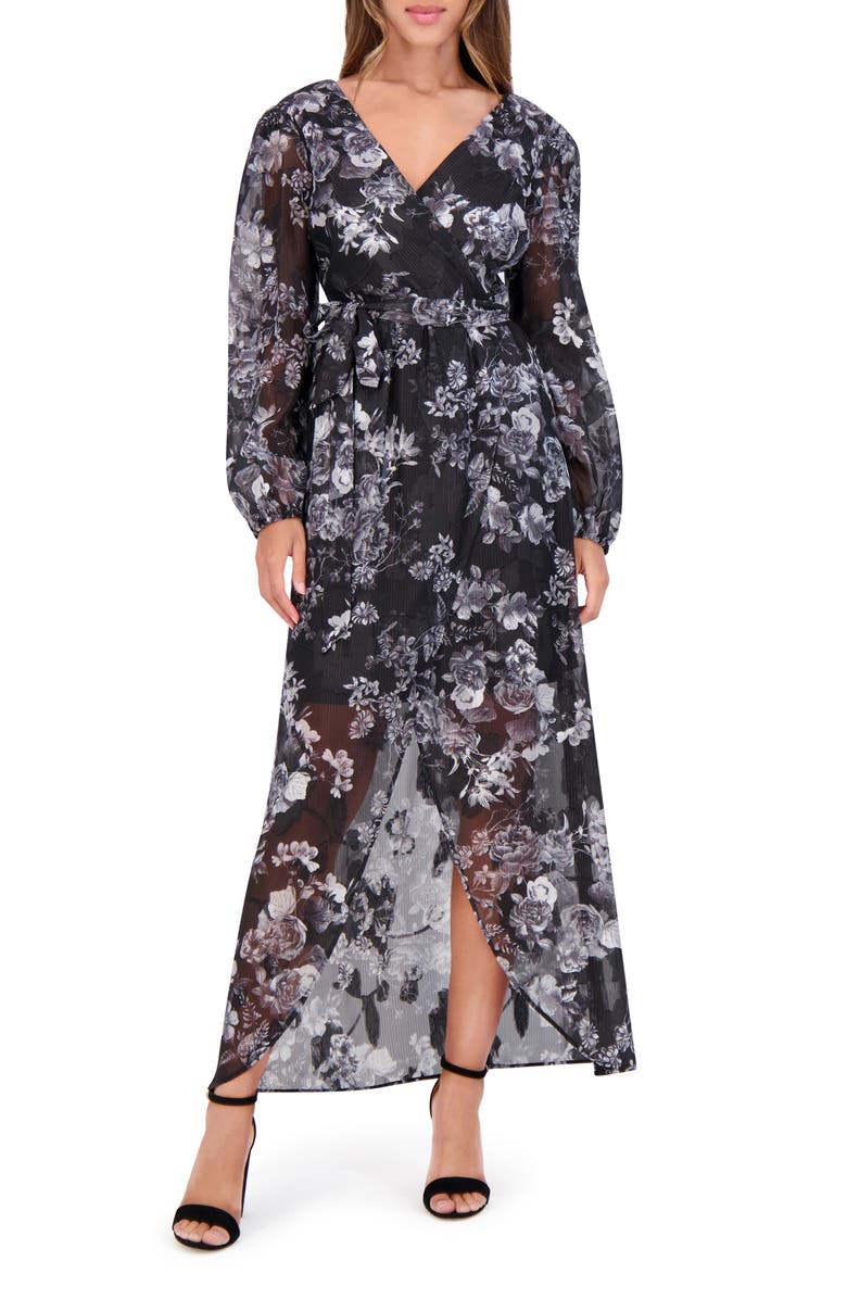 Siena Floral Metallic Stripe Long Sleeve Faux Wrap Midi Dress, Main, color, Black Multi
