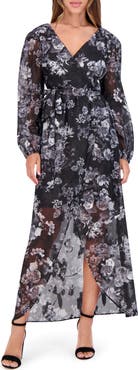 Siena Floral Metallic Stripe Long Sleeve Faux Wrap Midi Dress