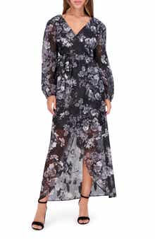 Siena Floral Metallic Stripe Long Sleeve Faux Wrap Midi Dress