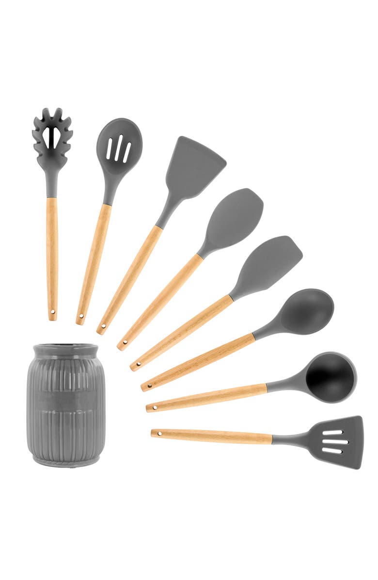 Megachef Silicone and Wood Cooking Utensils, Set of 9, Main, color, Gray