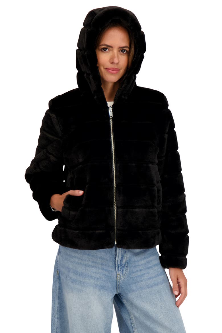 Hooded Faux Fur Jacket, Alternate, color, BLACK