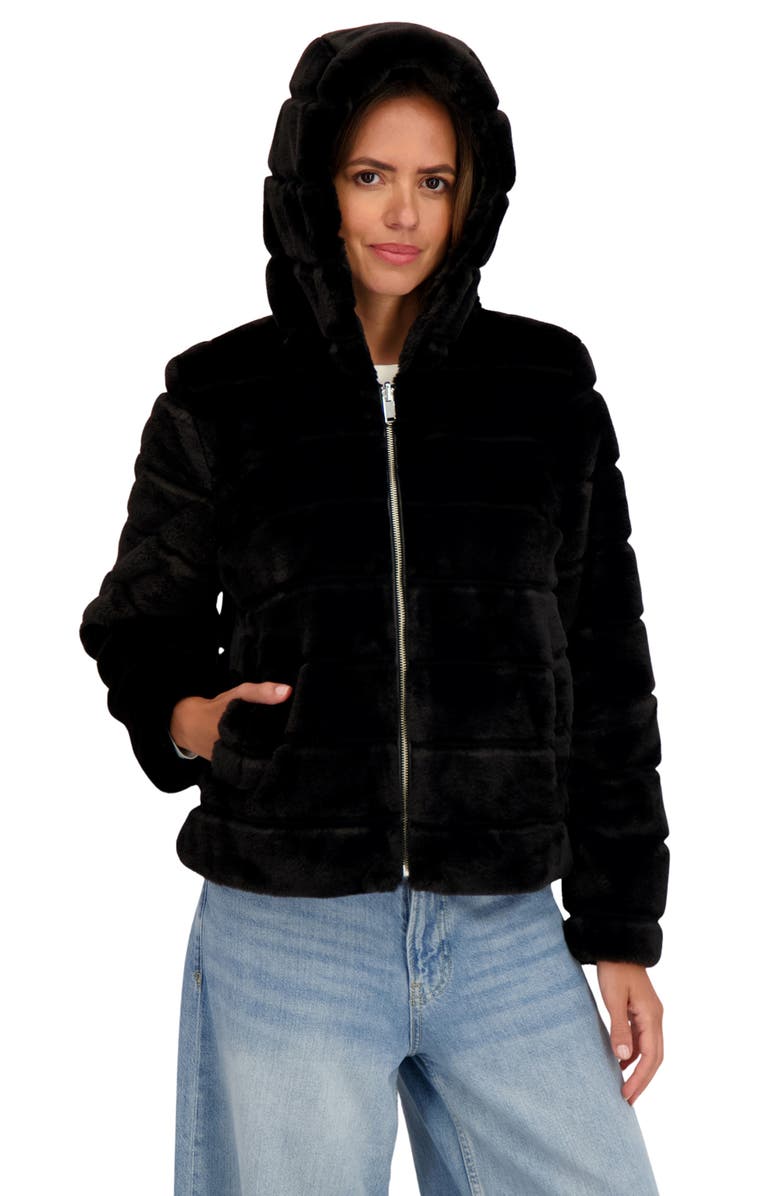Sebby Hooded Faux Fur Jacket, Alternate, color, Black