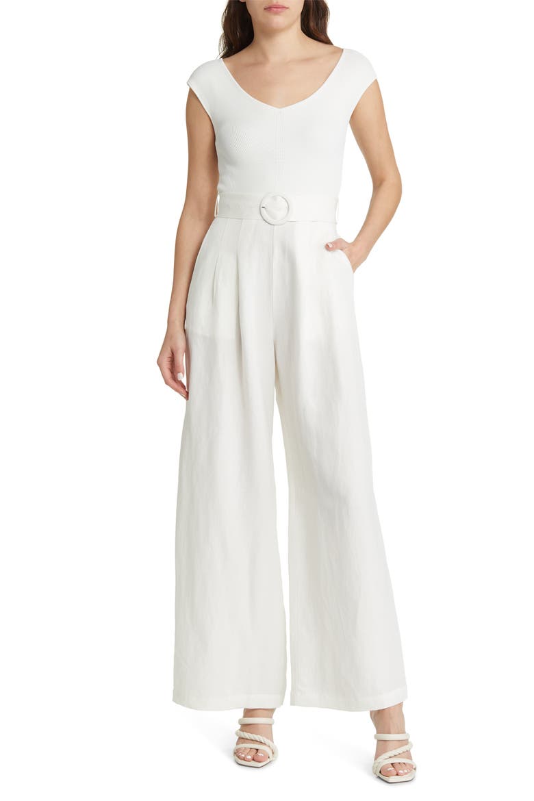 Tabbia Mixed Media Wide Leg Jumpsuit, Main, color, WHITE