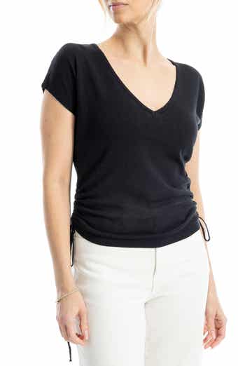 MAX STUDIO Side Ruched Short Sleeve V-Neck Sweater