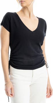 MAX STUDIO Side Ruched Short Sleeve V-Neck Sweater