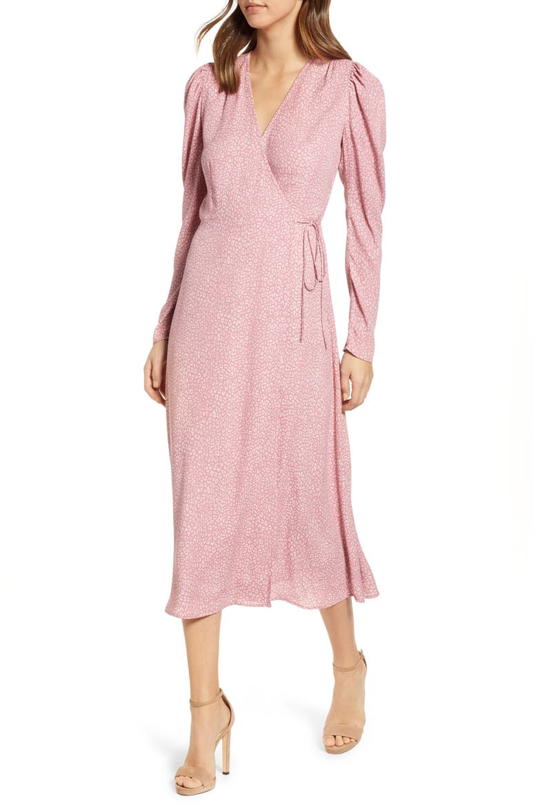 Caley Wrap Midi Dress, Main, color, PINK LEOPARD
