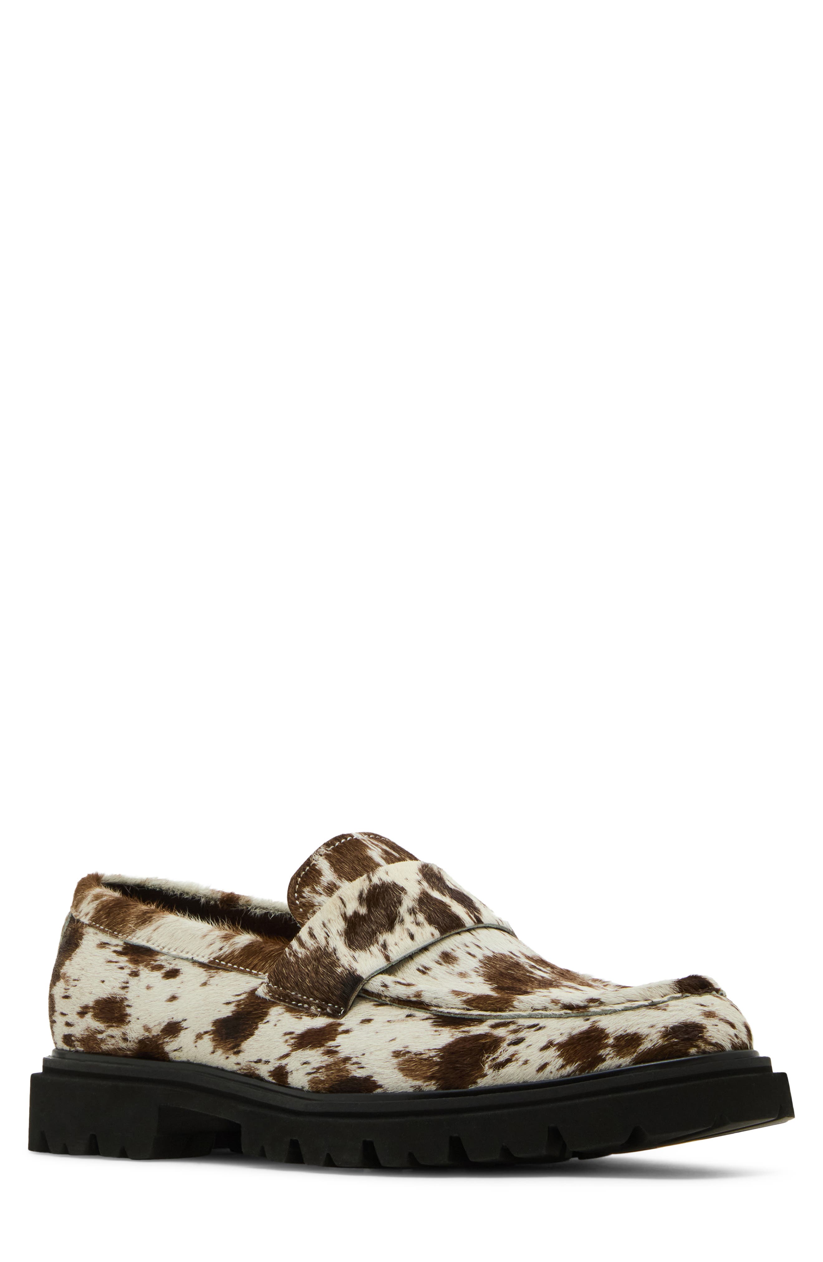 Harvest Genuine Calf Hair Penny Loafer, Main, color, BROWN/ WHITE CALF HAIR