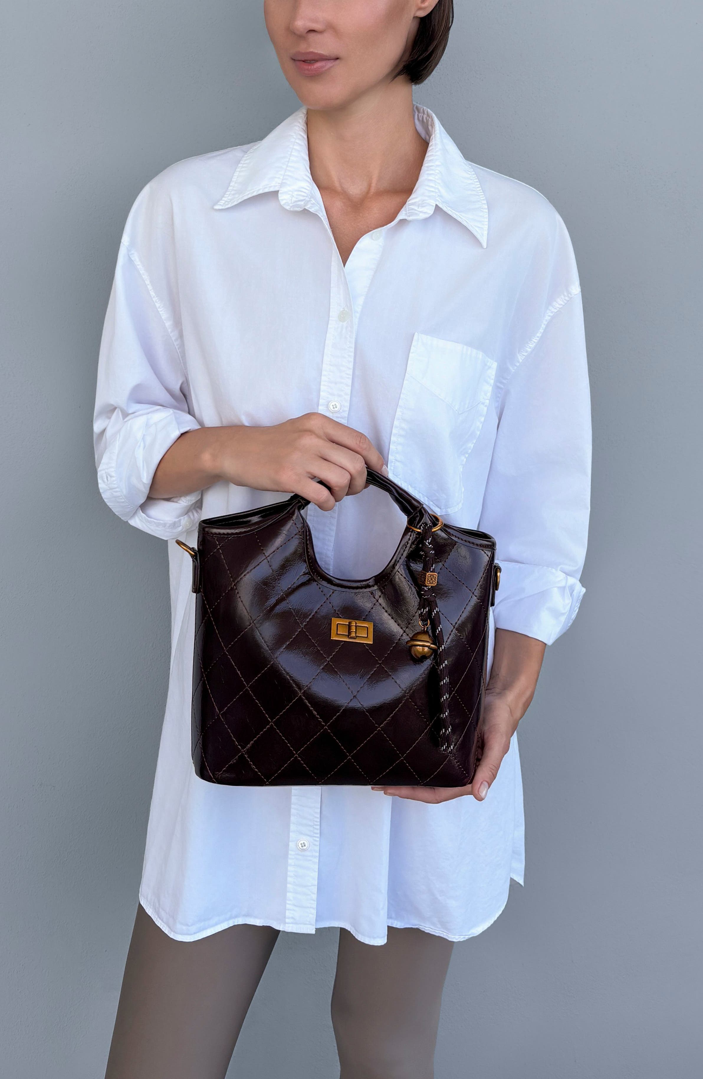 Quilted Faux Leather Handle Bag, Alternate, color, BROWN