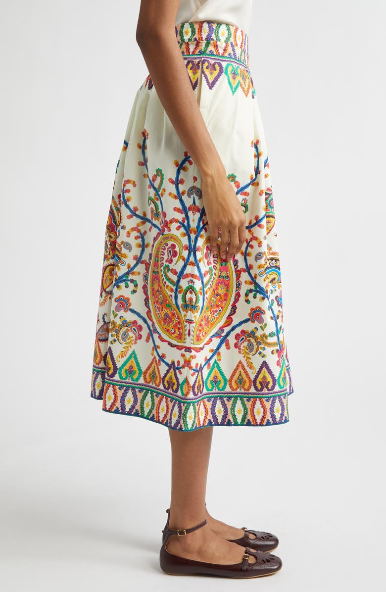 Etro Floral Paisley Pleated Cotton Voile Midi Skirt, Alternate, color, Print On White Base