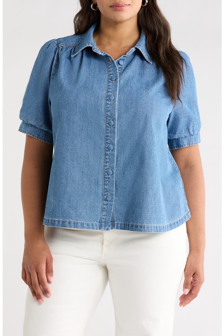 Puff Sleeve Denim Shirt, Main, color, MID BLUE