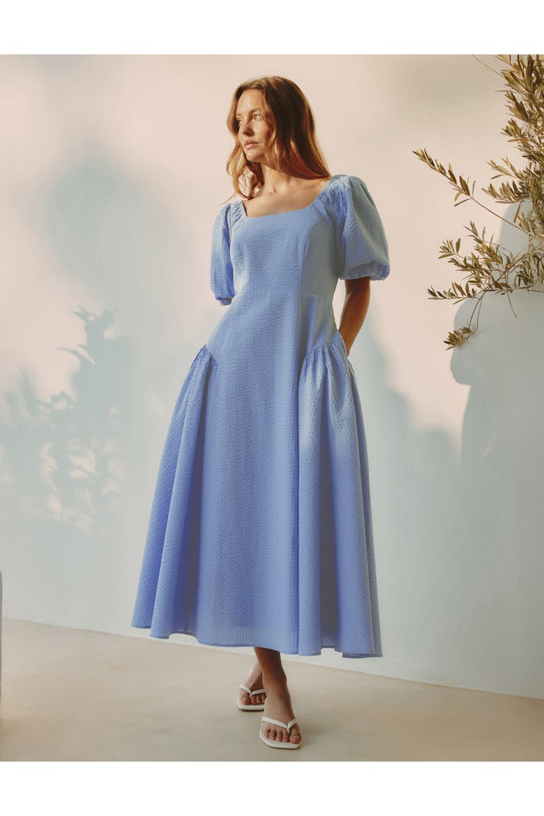 Seersucker Square Neck Tiered Midi Dress, Alternate, color, Blue